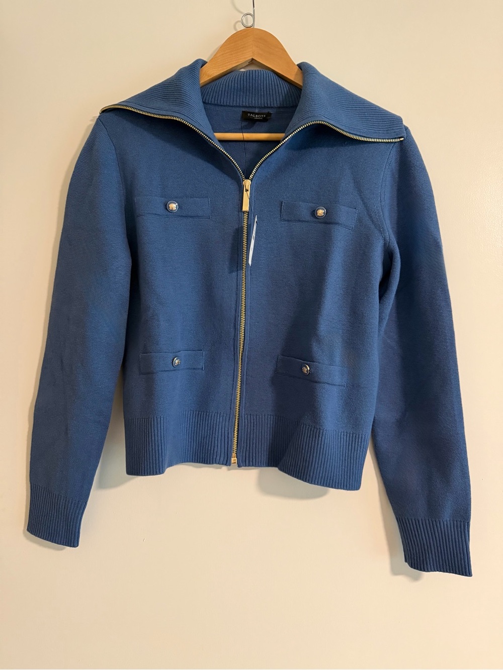 NWT Talbots Cornflower Blue Zip-Up Knit Jacket with Gold Hardware